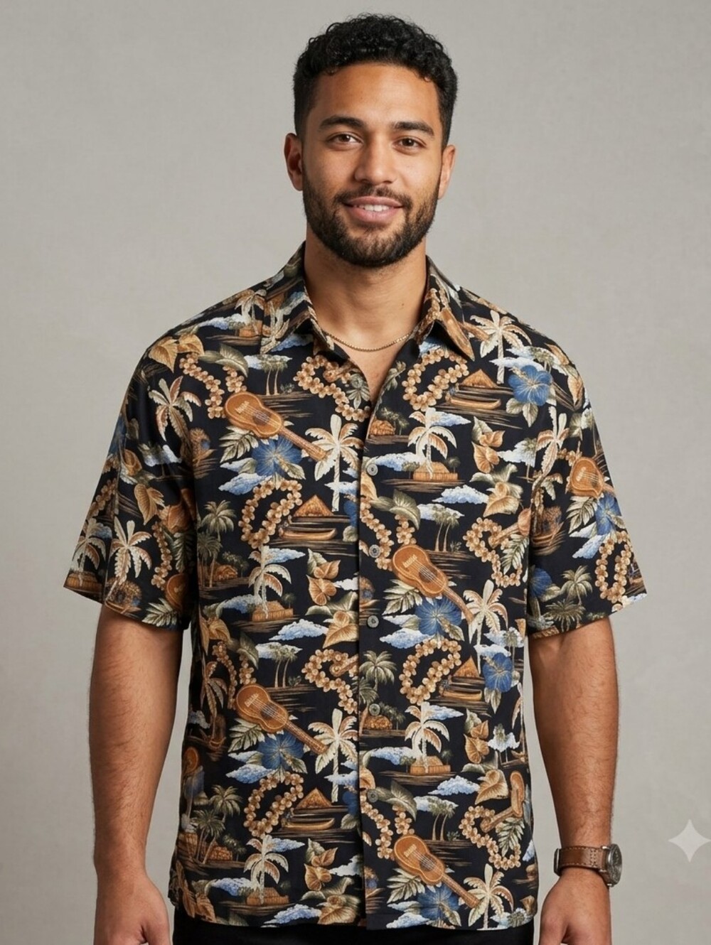 Pierre Cardin Black Short Sleeve Shirt with Brown & Blue Tropical Print - Picture 5 of 6